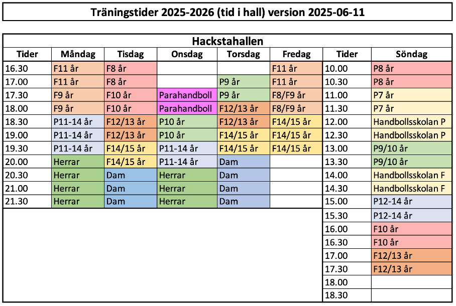 Träningstider 2025-2026 Hacksta